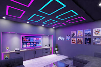 design modern false ceiling, chandelier and wall panels with realistic 3d render
