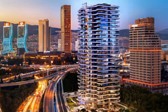 reimagine 3d urban living, high rise building design, communal space render, cgi