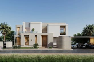 modern 3d house exterior, facade balcony design, pool patio render,classic villa