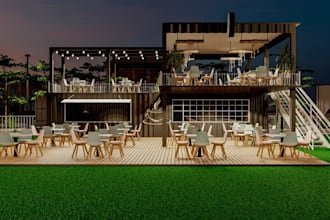 sketchup 3d desain container coffee shop, outdoor design, industrial chic render