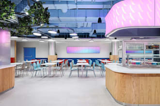redesign 3d cozy cafe, corporate canteen interior, cafeteria render, salad bar