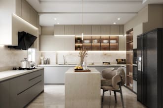 modern 3d interior kitchen, 3d rendering, lighten, chop space, 3d element, cgi