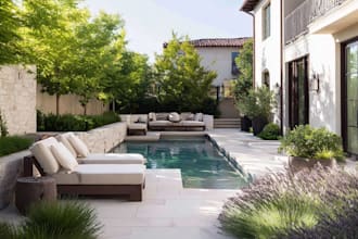 design landscape, terrace, backyard, pool, and patio