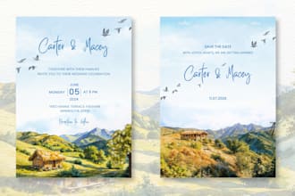 design custom watercolor wedding invitation, save the date in handpainted style