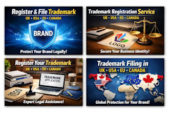 register and file trademark in UK, USA, eu, canada for brand, logo and business
