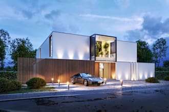render 3d modern house design,duplex villa exterior,outdoor lounge,landscaping