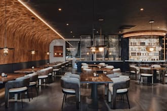 3d mixed use area,restaurant and bar design,annotate floorplan,clean render,cafe