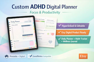 design a custom adhd digital planner,hyperlinked for focus, productivity, etsy