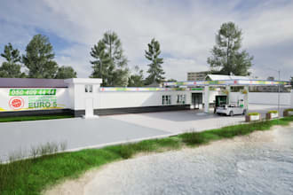 do3d petrol station,canopy structure,service room,mart,landscaping,scale element