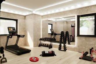 modern home gym, fitness center 3d gym interior workout space commercial gym