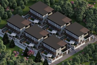 renovate 3d villa siteplan, modern exterior layout, roof facade rendering, vray