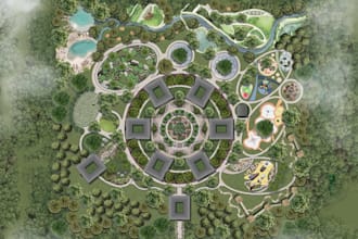render detailed 2d site plan, tree house design, 3d landscape architecture, skp