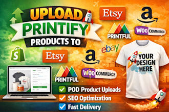 upload printify products to shopify, etsy, amazon, ebay, printful, and wordpress
