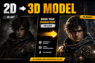 create a 2d to 3d character modeling, 2d image to 3d character model
