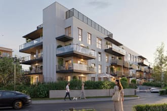 design 3d apartment building complex,high rise living, outdoor balcony rendering