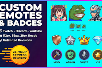 design custom twitch emotes, sub badges, emoji, and discord role icons