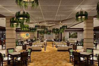 design lounge area, hotel lobby rendering,restaurant layout, sauna, spa facility