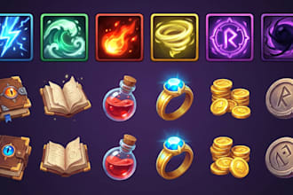 design 2d game icon, hand drawn assets, item, objects, props, hand paint skill