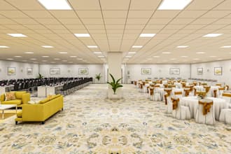 redesign banquet hall,event space layout,ballroom setup, wedding venue rendering