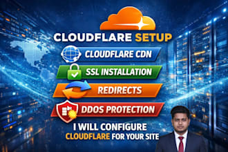 setup cloudflare CDN, SSL, redirects, ddos protection