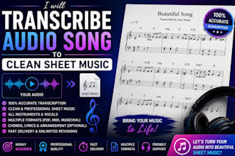 transcribe any piano guitar, strings audio music into accurate clean sheet music