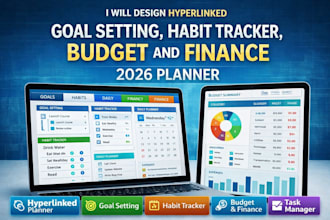 design hyperlinked goal setting, habit tracker, budget and finance 2026 planner