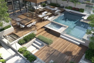 design landscape, terrace, backyard, pool, and patio