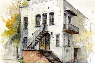 sketch architecture building with watercolor rendering