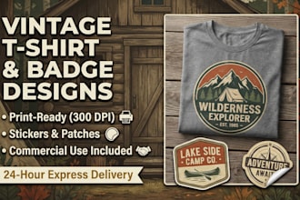 create vintage outdoor camping badges, stickers, and adventure t shirt design