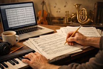 create piano, midi transcription, composition and orchestral music sheet midi
