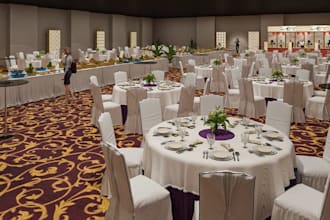 decorate event space, conference hall layout, table setup, fast food restaurant