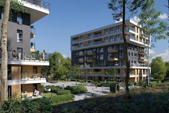 design multi story apartment complex,balcony render,resort landscape,aerial view