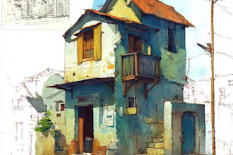 sketch and watercolor of house, building and other places