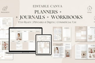 design editable canva daily life planner,reflection journal, fillable workbook