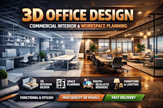 do 3d office design, commercial interior, workspace design and space planning