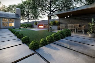 do landscape backyard design, outdoor pool 3d rendering, garden, pergola design