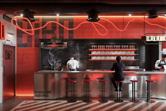 turn 2d into 3d modern burger bar interior, restaurant concept, lounge render