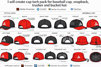 create cap tech pack for baseball cap, snapback, trucker and bucket hat