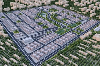 buildup community house unit, render master plan, urban development, aerial view