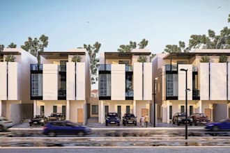 upgrade 3d modern street row house, front elevation, detached exterior rendering