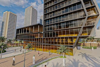 visualize3d high rise office exterior,outdoor area design,urban landscape render