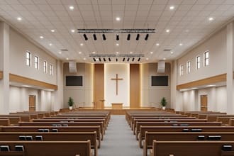 render a 3d church, mosque, worship space, prayer center