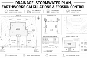 design drainage, stormwater plan, earthworks calculations erosion control