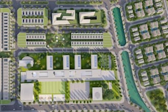 develop 3d real estate housing, site plan relayout, render aerial view, sketchup