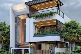 redecorate 3d villa exterior, render house streetview, rooftop lounge design,skp