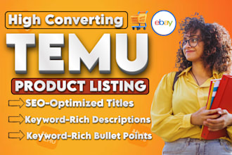 do shopify product listing, ebay listing temu product upload, seo optimization