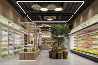 3d design render retail store,supermarket interior exterior