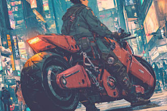 draw sci fi illustration of futuristic cyberpunk city