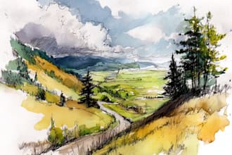 hand draw landscape sketch watercolor and ink