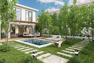 redesign 3d backyard exterior, landscape garden,biophilic render, trellis garden